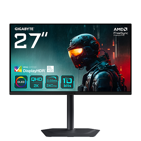 GIGABYTE MO27Q2 27" OLED QHD Gaming Monitor - 2560 x 1440, 240Hz, 0.03ms, 250 cd/m², Display HDR True Black 400, HDMI 2.1, DisplayPort 1.4