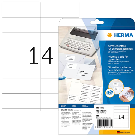 HERMA Adressetiketten für Schreibmaschinen A4 105x42 mm Papier matt Ecken spitz 280 St.