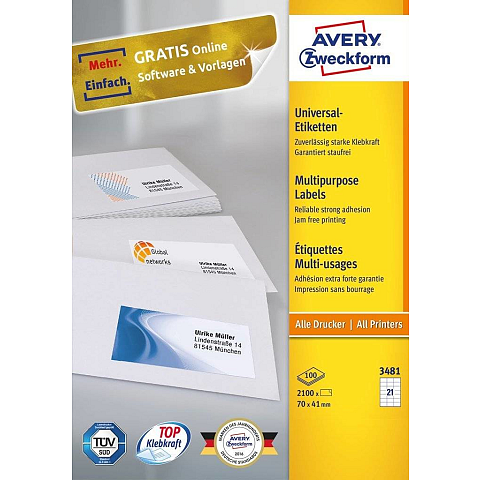 Avery 3481 selbstklebendes Etikett Rechteck Permanent Weiß 2100 Stück(e)