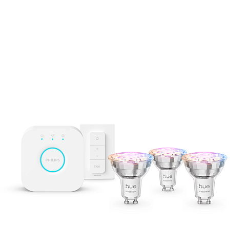 Philips Hue White and Color ambiance Basis Starter-Set: 3 smarte Lampen GU10 (345 lm) + Dimmer Switch