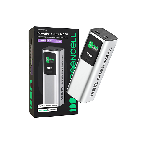 Green Cell GC PBGC25UD - Powerbank PBGC25UD, 25200 mAh, 140 W, 1x USB-A, 2x USB-C Lithium-Ion (Li-Ion) Aluminium, Schwarz, Silber