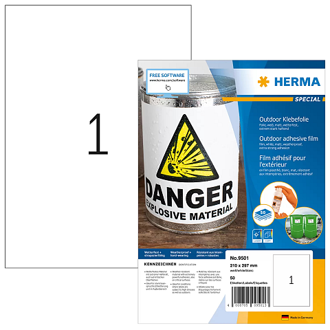 HERMA Etiketten A4 Outdoor Klebefolie 210x297 mm weiß extrem stark haftend Folie matt wetterfest 50 St.
