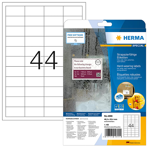 HERMA Etiketten strapazierfähig A4 48.3x25.4 mm weiß stark haftend Folie matt wetterfest 1100 St.
