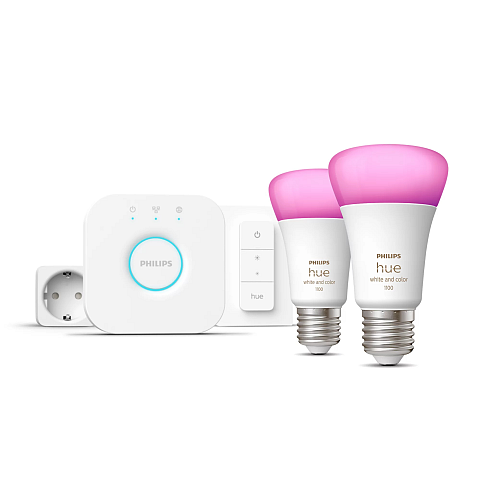 Philips Hue White and Color ambiance Starter-Set: E27 - Lampe A60 Doppelpack + Dimmschalter + Smart Plug
