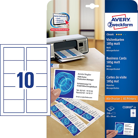 Avery Classic Visitenkarten, mikroperforiert, 185 g/m², 85 x 54 mm