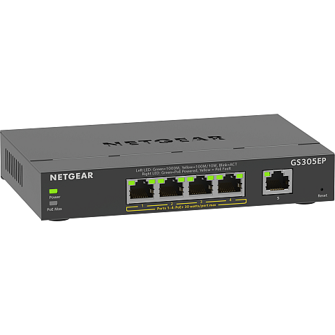 NETGEAR GS305EP Switch 5 Port Gigabit Ethernet LAN PoE Switch Plus (mit 4x PoE+ 63W, Managed Netzwerk Switch mit IGMP Snooping, QoS, VLAN, lüfterloses Metallgehäuse)