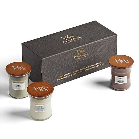 WoodWick Mini Jar Woody Giftset Wachskerze Zylinder Holz Braun, Weiß 3 Stück(e)