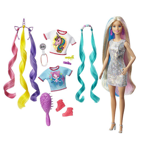 Barbie Totally Hair Fantasie-Haar Puppe (blond), Meerjungfrau- und Einhorn-Look, Anziehpuppe