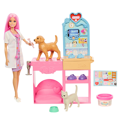 Barbie „Gute Besserung“ Tierkrankenstation-Spielset aus Modepuppe mit rosa gefärbten Haaren, Tierarzt-Möbeln und mehr als 10 Zubehörteilen