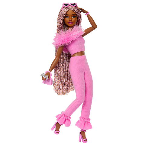 Barbie Fashionistas Deluxe Style-Puppe Nr. 4 mit weichem rosafarbenem Jumpsuit und rosa und braunen geflochtenen Zöpfchen