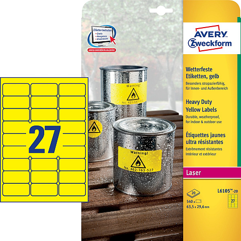 Avery Wetterfeste Folien-Etiketten, gelb, 63,5 x 29,6 mm, permanent