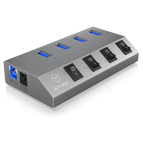 ICY BOX IB-HUB1405, 4 Port USB 3.2 Gen 1 Type-A Hub, Aluminium Gehäuse, mit 4x USB Type-A Anschlüssen, An-/Ausschalter für jeden Port, mit Netzteil