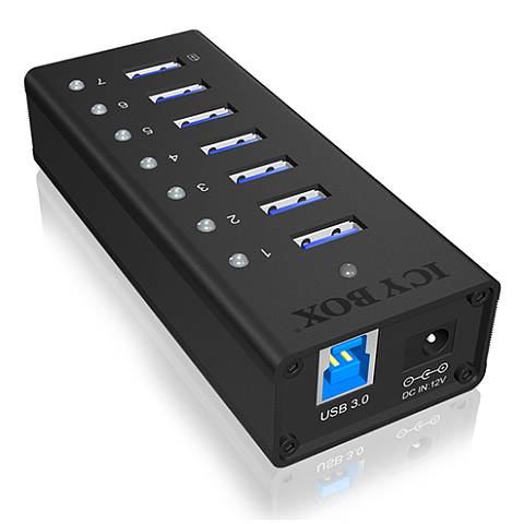 ICY BOX IB-AC618, 7 Port USB 3.2 Gen 1 Hub mit 1x Tablettladeport, Vollmetall, mit 12V 3A Netzteil, schwarz