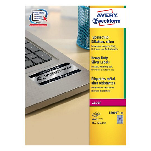 Avery L6009-100 selbstklebendes Etikett Abgerundetes Rechteck Permanent Silber 4800 Stück(e)