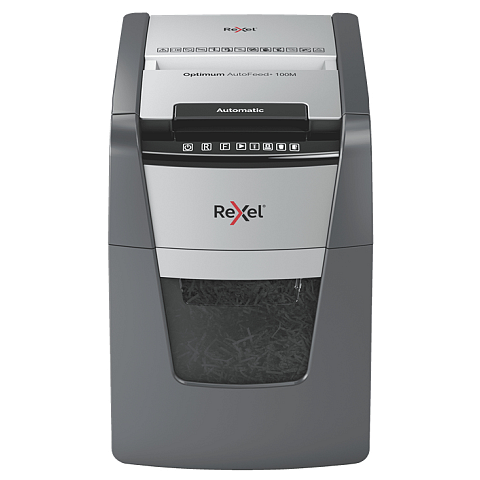 Rexel Optimum Auto+ 100M Aktenvernichter Mikrogeschnittene Zerkleinerung 55 dB 22 cm Schwarz, Grau