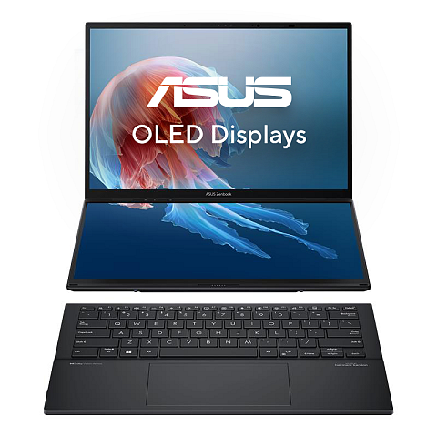 ASUS Zenbook Duo UX8406CA-PZ195X Intel Core Ultra 9 285H Hybrid (2-in-1) 35,6 cm (14") Touchscreen 3K 32 GB LPDDR5x-SDRAM 2 TB SSD Wi-Fi 7 (802.11be) Windows 11 Pro Deutsch Grau
