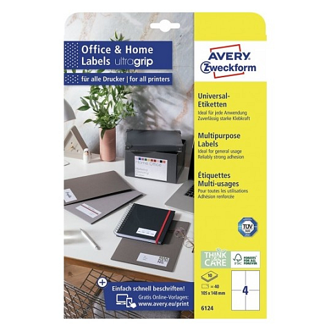Avery 6124 selbstklebendes Etikett Rechteck Permanent Weiß 40 Stück(e)