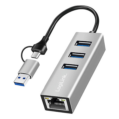 LogiLink USB 3.0 Hub, 4x USB-A, 5 Gbit/s, 2-in-1 Anschlusskabel, Silber