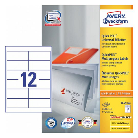 Avery 3659-200 selbstklebendes Etikett Abgerundetes Rechteck Permanent Weiß 2400 Stück(e)