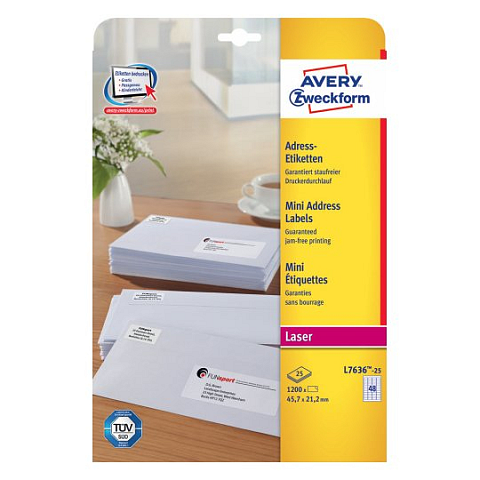 Avery L7636-25 selbstklebendes Etikett Abgerundetes Rechteck Permanent Weiß 1200 Stück(e)