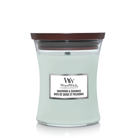 WoodWick Sagewood & Seagrass Medium Jar Wachskerze Rund Türkis 1 Stück(e)