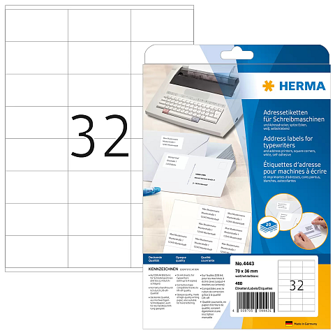 HERMA Adressetiketten für Schreibmaschinen A4 70x36 mm Papier matt Ecken spitz 480 St.