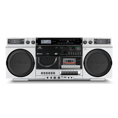 MEDION LIFE® P66538 Retro-Boombox DAB+/PLL-UKW Radio, Bluetooth® 5.3 für das Abspielen von Smartphone & Co, CD-Player, Kassettendeck, X-Bass Funktion, 2 x 10 W RMS