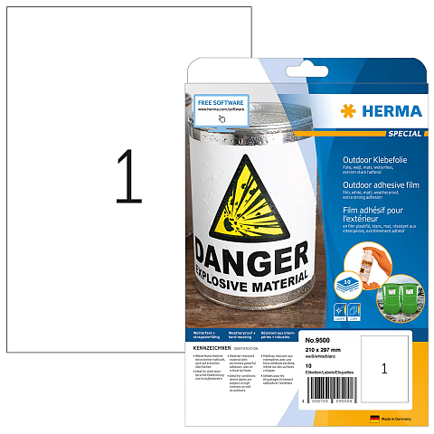 HERMA Etiketten A4 Outdoor Klebefolie 210x297 mm weiß extrem stark haftend Folie matt wetterfest 10 St.