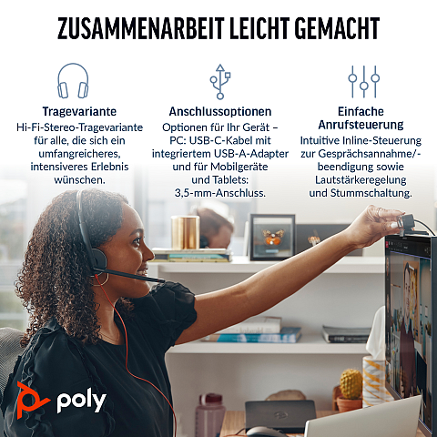 HP Poly Blackwire 3225 Stereo USB-C-Headset +3,5-mm-Stecker +USB-C/A-Adapter (Packungseinheit)
