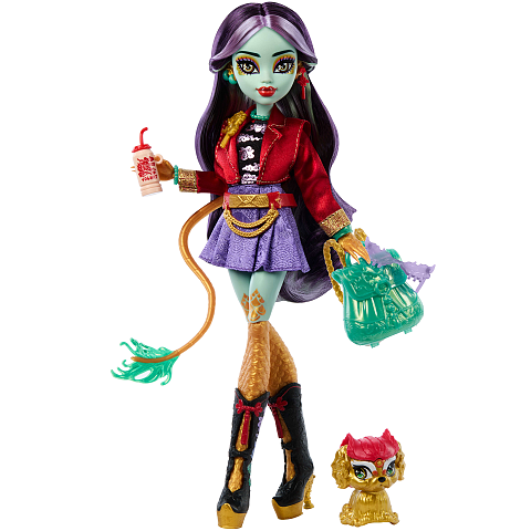 Monster High Jinafire Long Modepuppe mit Haustierhund Cloudy „Yun Yun“ und 7 Accessoires