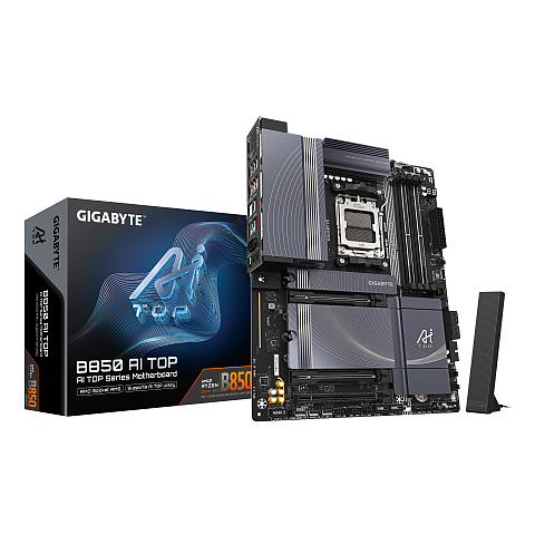 GIGABYTE B850 AI TOP Motherboard - AMD Ryzen 9000 Series CPUs, 16+2+2 Phasen Digital VRM, bis zu 8600MHz DDR5 (OC), 2xPCIe 5.0 + 1xPCIe 4.0 M.2, 10 GbE LAN, WIFI 7, USB 3.2 Gen 2x2