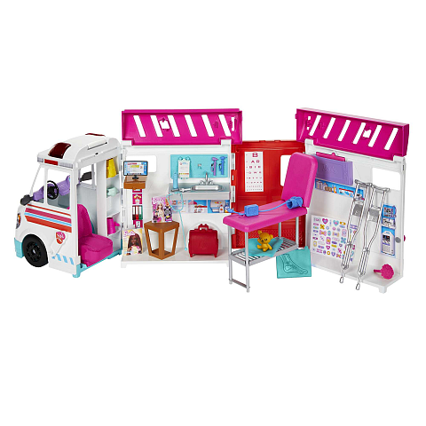 Barbie Barbie-Spielzeug, umbaubarer Krankenwagen und Klinik Spielset, mehr als 20 Zubehörteile, 2-in-1-Krankenwagen