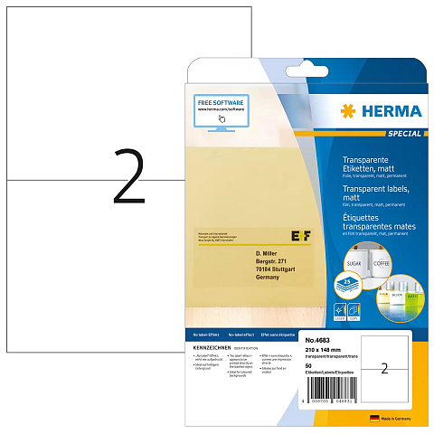 HERMA Etiketten transparent matt A4 210x148 mm Folie 50 St.