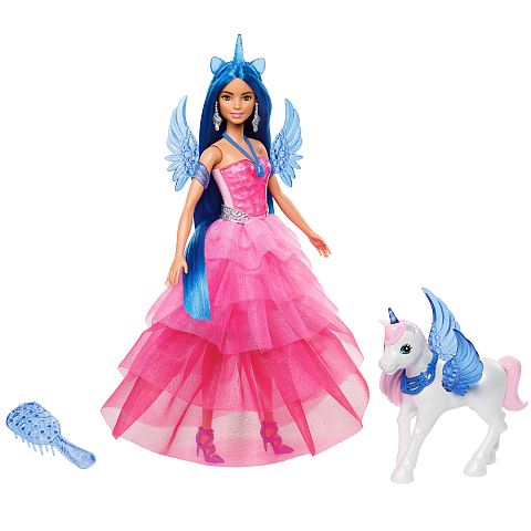 Barbie A Touch of Magic Einhorn-Spielzeug, Puppe zum 65. Jubiläum mit blauen Haaren, pinkfarbenem Kleid und Haustier-Einhorn