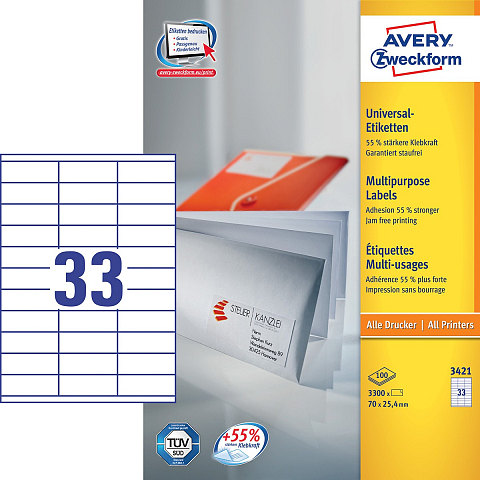 Avery Universal-Etiketten, weiß, 70 x 25,4 mm, permanent