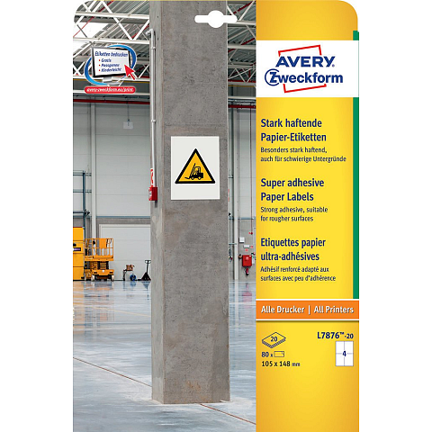 Avery L7876-20 selbstklebendes Etikett Abgerundetes Rechteck Permanent Weiß 80 Stück(e)