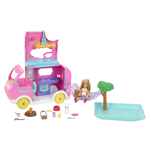 Barbie Chelsea 2-in-1-Camper-Spielset mit kleiner -Puppe, 2 Haustieren und 15 Zubehörteilen
