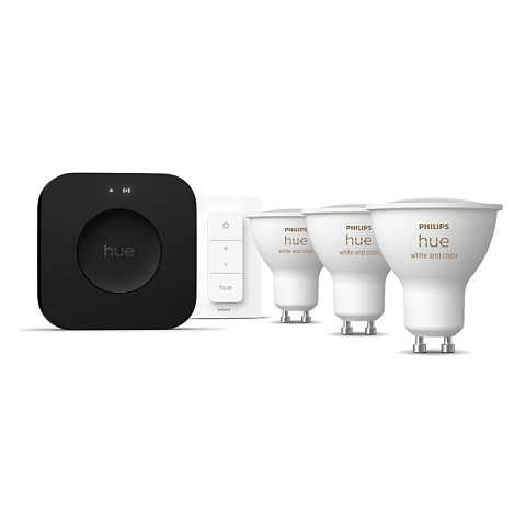 Philips Starter-Set: 3 GU10-Lampen + Dimmschalter + Hue Bridge Pro