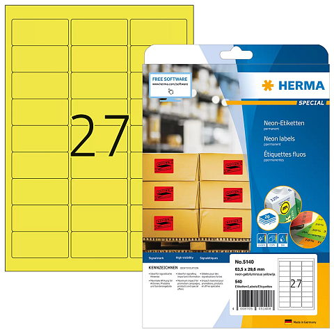 HERMA Neonetiketten A4 63.5x29.6 mm neon-gelb Papier matt 540 St.