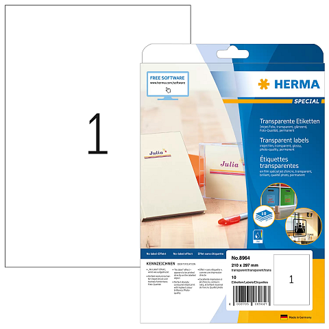 HERMA Inkjet Folien-Etiketten transparent A4 210x297 mm Folie glänzend 10 St.