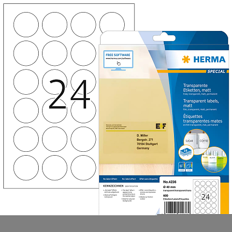 HERMA Verschlussetiketten A4 transparent Ø 40 mm rund extrem stark haftend Folie matt 600 St.