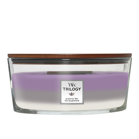 WoodWick Amethyst Sky Trilogy Wachskerze Ellipse Bernstein, Jasmin, Lavendel, Leder, Sandelholz, Wildleder, Vanille, Canangabaum 1 Stück(e)