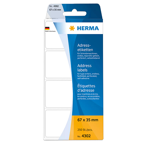 HERMA Adressetiketten für Schreibmaschinen endlos leporello-gefalzt 67x35 mm weiß Papier matt 250 St.