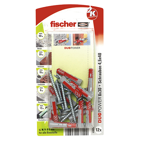 Fischer DUOPOWER 6 x 30 S 12 Stück(e) Schrauben- & Dübelsatz 30 mm