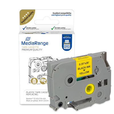 MediaRange Kunststoff-Schriftbandkassette, für/ersetzt Brother TZ-621/TZe-621, permanent haftend, 9mm, 8m, laminiert, schwarz auf gelb
