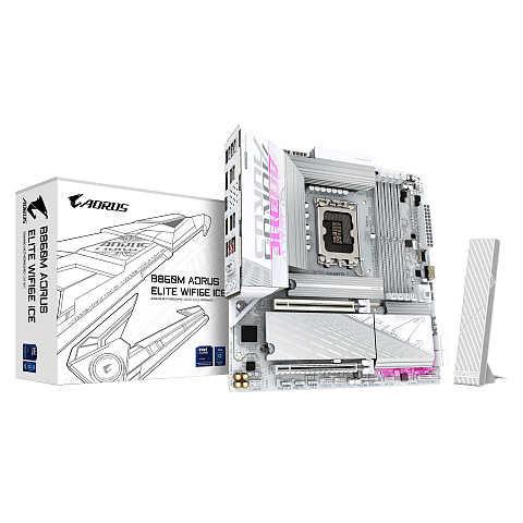 GIGABYTE B860M AORUS ELITE WF6E ICE Mainboard - Intel Core Ultra CPUs, 12+1+2+1 Phasen VRM, bis zu 9200MHz DDR5, 1xPCIe 5.0 + 2xPCIe 4.0 M.2, 2,5 GbE LAN, WIFI 6E, USB 4