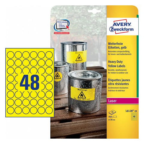 Avery L6128-20 selbstklebendes Etikett Kreis Permanent Gelb 20 Stück(e)