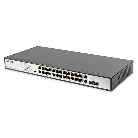 Digitus 24-Port Gigabit PoE Netzwerkswitch, 19 Zoll, unmanaged, 2 Uplink Ports, SFP, 370 W, af/at