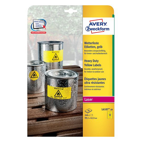 Avery L6107-20 selbstklebendes Etikett Abgerundetes Rechteck Permanent Gelb 240 Stück(e)