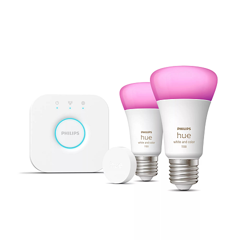 Philips Hue White and Color ambiance Starter-Set: 2 smarte Lampen E27 (1100) + Hue Smart Button